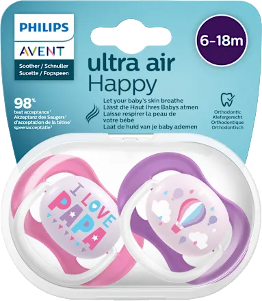 Schnuller ultra air happy Silikon, pink/lila, 6-18 Monate, 2 St