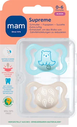 Schnuller Supreme Silikon, blau/creme, 0-6 Monate, 2 St