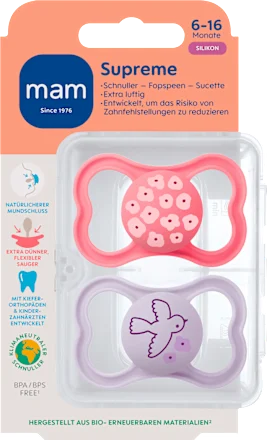 Schnuller Supreme Silikon, pink/lila, 6-16 Monate, 2 St