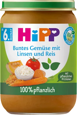 Menü Buntes Gemüse mit Linsen und Reis ab 6. Monat pflanzlich, 190 g
