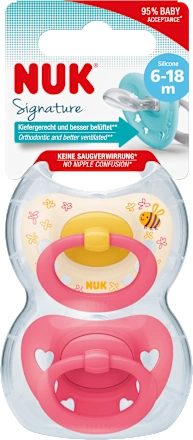 Schnuller Signature Silikon, gelb/pink, 6-18 Monate, 2 St