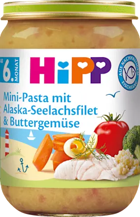 Menü Mini-Pasta mit Alaska-Seelachsfilet & Buttergemüse ab dem 6. Monat, 190 g Menü Mini-Pasta mit Alaska-Seelachsfilet & Buttergemüse ab dem 6. Monat, 190 g
