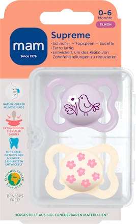 Schnuller Supreme Silikon, lila/creme, 0-6 Monate, 2 St