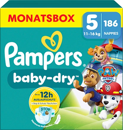 Windeln Baby Dry Gr.5 (11-16 kg) Limited Edition Paw Patrol, Monatsbox, 186 St Windeln Baby Dry Gr.5 (11-16 kg) Limited Edition Paw Patrol, Monatsbox, 186 St